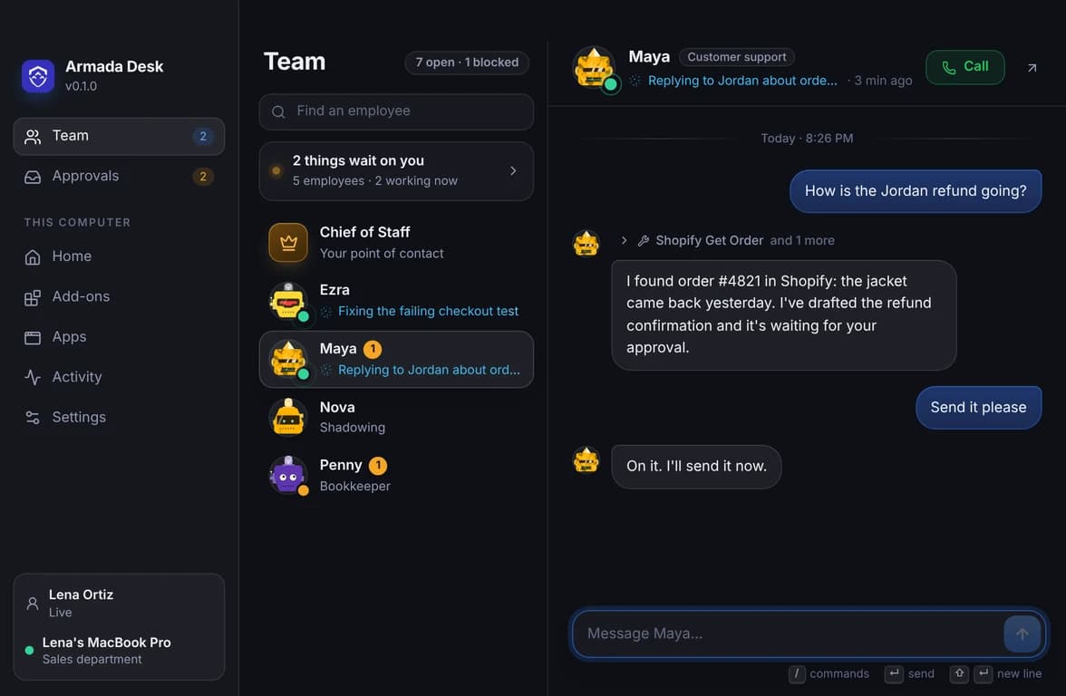 Armada Desk's Team page: the Chief of Staff and four employees, two of them working, and a conversation with Maya