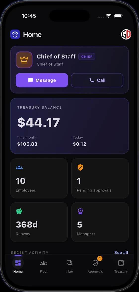 Armada on an iPhone, showing Home with the Chief of Staff, the balance and the team's figures