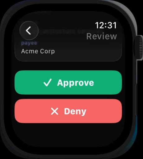 Armada on an Apple Watch, reviewing a payment with Approve and Deny